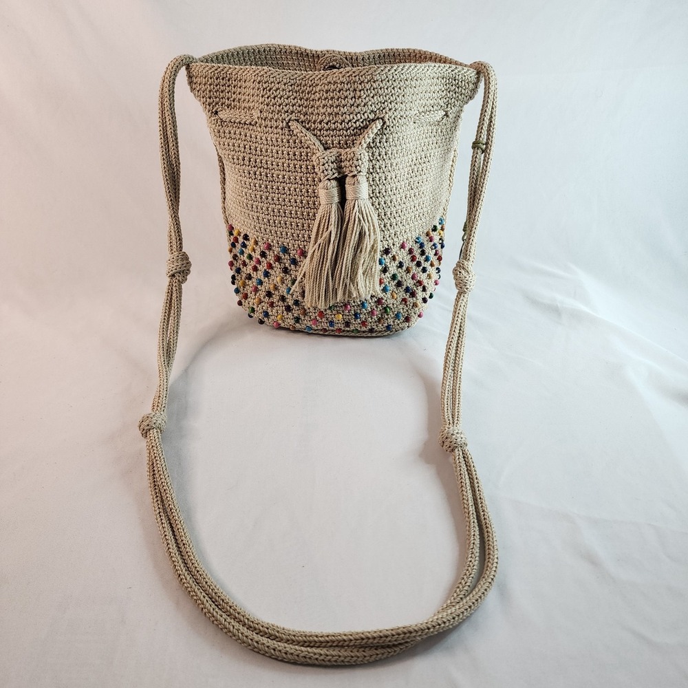 The Sak Crochet drawstring beaded handbag.